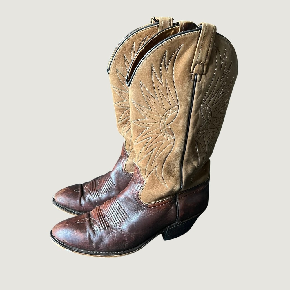 Vtg Acme Mens Brown Leather Tan Suede Western Cowboy Boots 10 D Made in USA